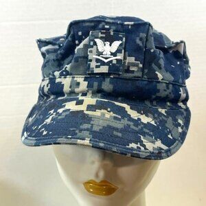 Military US Navy Petty Officer 3rd Class Blue Camo 8 Pt Utility Cap Cotton Blend